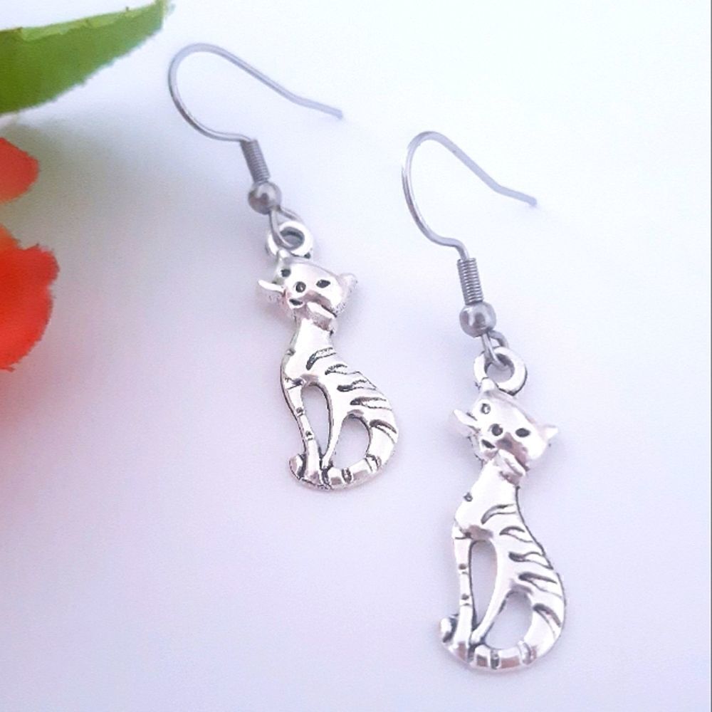 Kitty Cat Brushed Antique Silver-tone Dangling Stainless Steel Hook Earrings